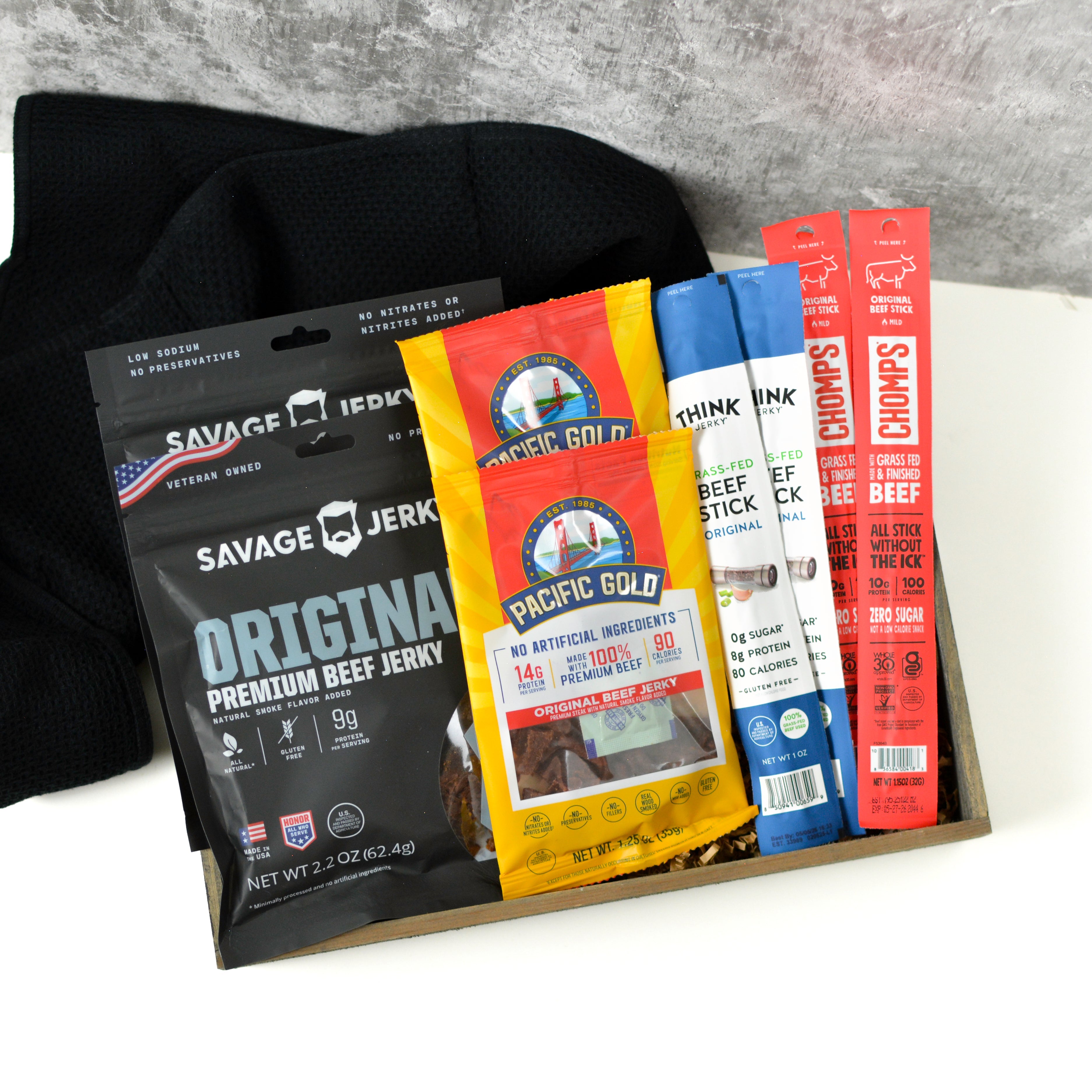 Mission Booster add-on with assorted beef jerky and meat sticks for deployed military care packages
