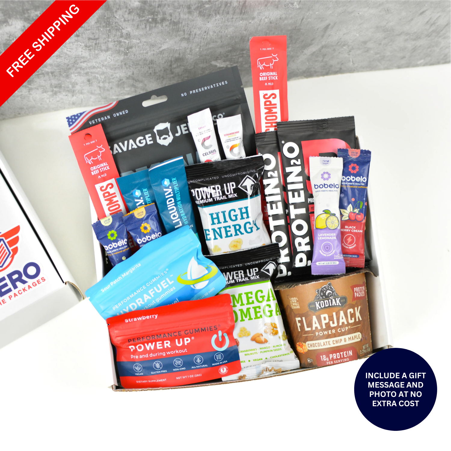 Power Up Military Care Package with protein snacks, hydration packs, energy drinks, and trail mix for deployed service members