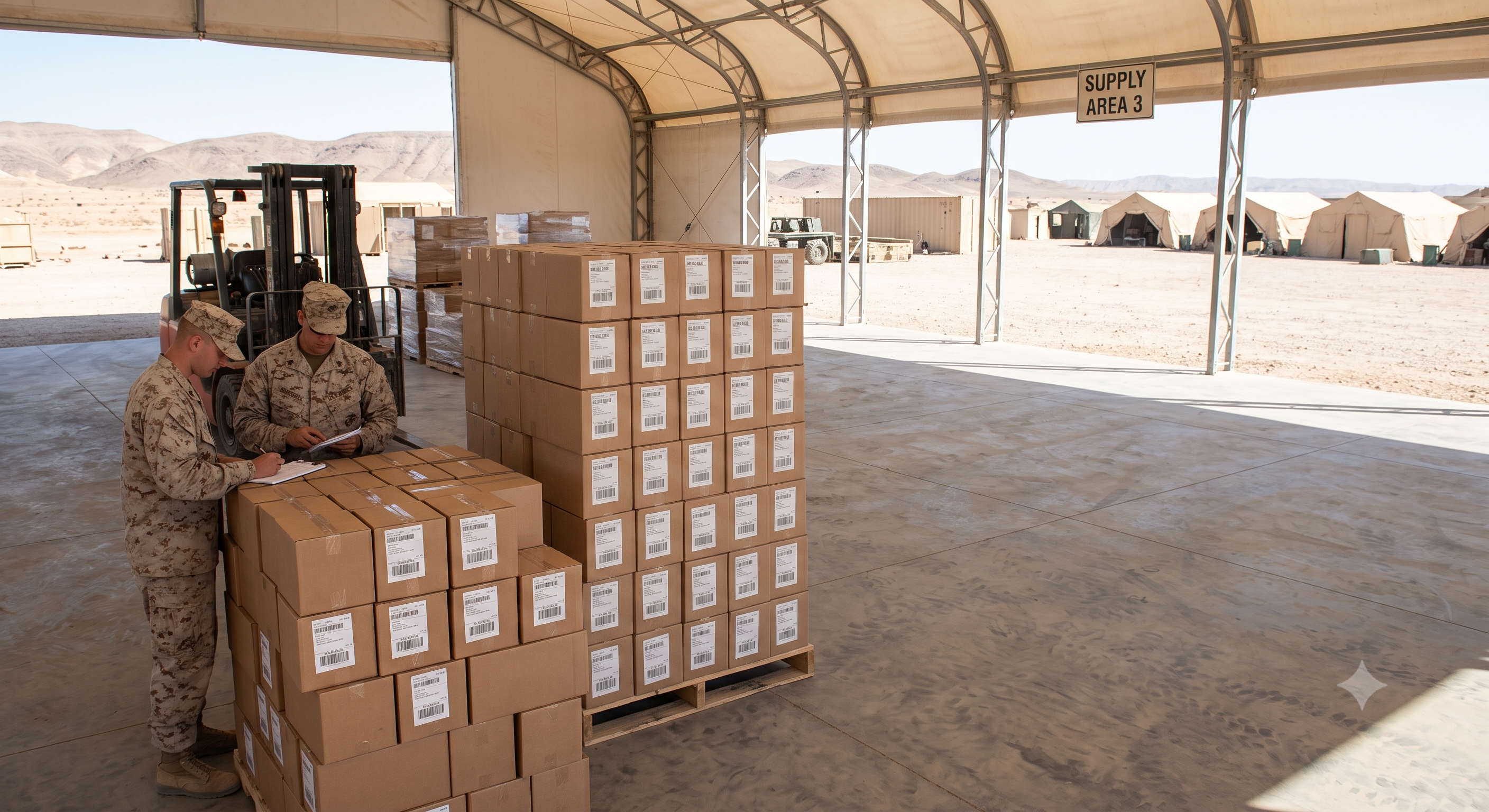 Two military personnel inspecting boxes under a tented supply area with more tents in the background.