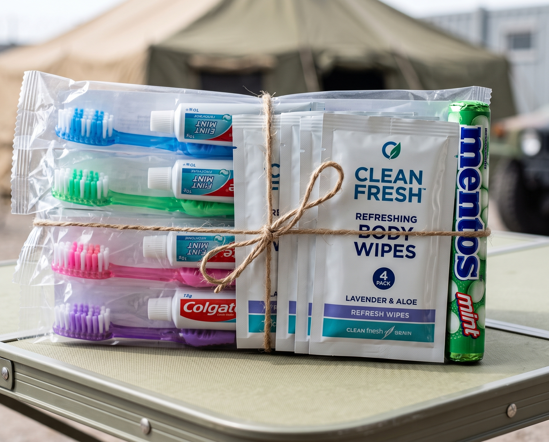 Bundle of toothbrushes, toothpaste, body wipes and mints on a table