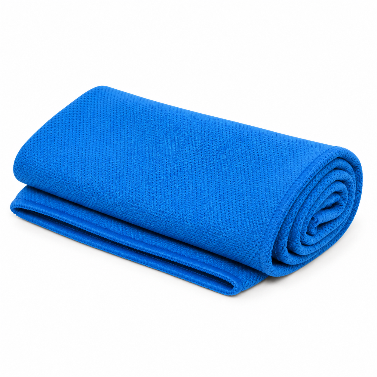 Blue cooling towel folded and rolled on white background