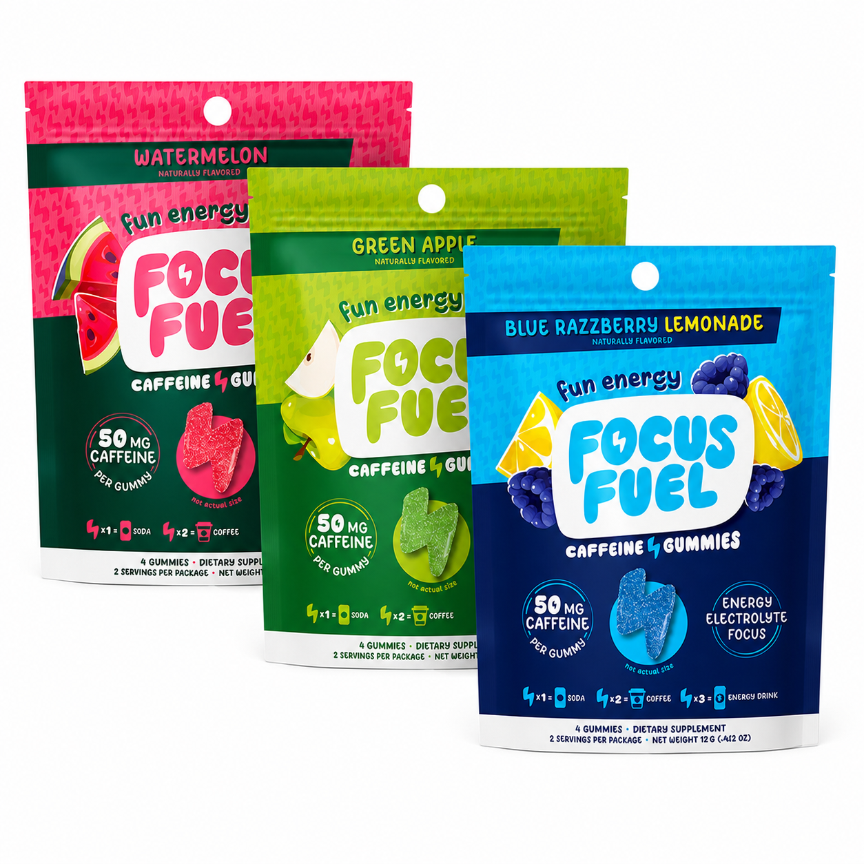 Focus Fuel Caffeine Gummies Variety Pack - Set of 3